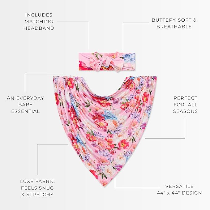 Posh Peanut Swaddle Blanket + Headband Set - Soft Newborn Swaddle Doubles As a Stroller, Receiving Blanket, and Nursing Cover - Matching Baby Swaddles & Headbands for Everyday