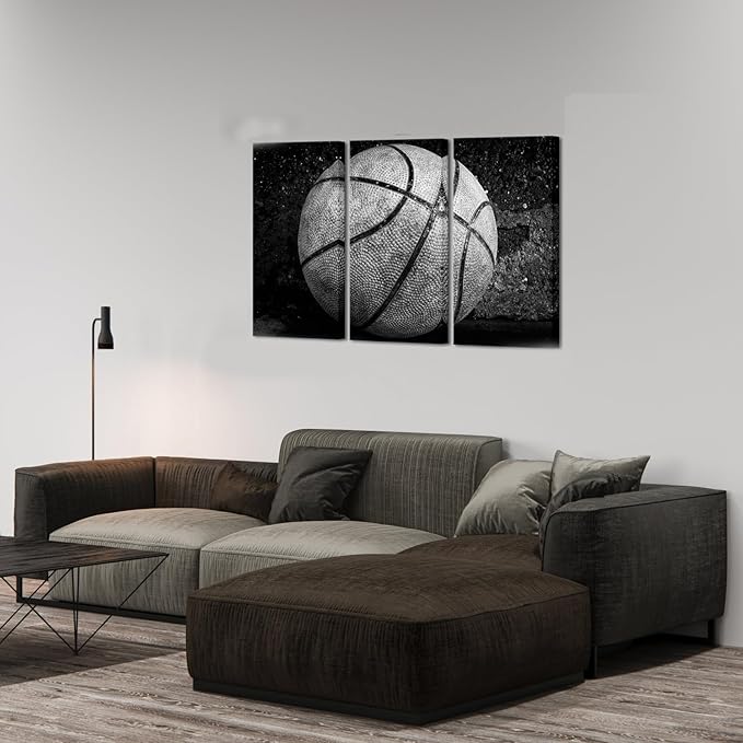 Nachic Wall Large 3 Panels Basketball Canvas Wall Art for Boys Room Vintage Black and White Sport Basketball Picture Posters Print for Gym Teenage Boy Bedroom Man Cave Decor Each Panel16x32Inch
