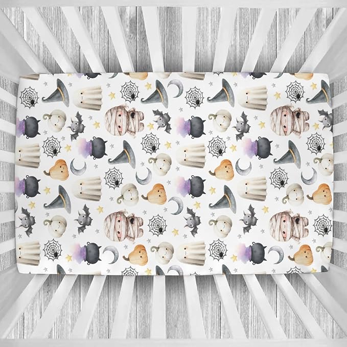 Happy Halloween Baby Crib Sheets Cute Spooky Pumpkin Bat Fitted Crib Mattress Cover Witch Moon Star Toddler Baby Sheet for Standard Crib 28x52in