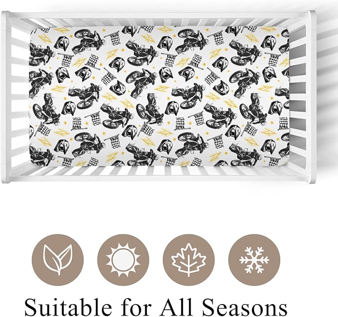 Watercolor Motorcross Bike Helmets Black Baby Crib Sheet for Boys & Girls 52x28Inch Race Motor Checkered Flag Baby Sheet for Standard Crib and Toddler Race Bed Sheet Motor One Size