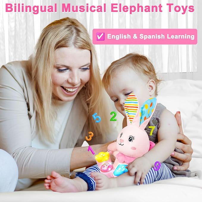 Baby Rabbit Musical Stuffed Animals Toy,Infant Bunny Bilingual Early Learning Education Toy with Light-Up Music & Crinkle,1st Easter Basket Shower Stuffers for 0 1 2 3 6 9 12 18 Month Girl,Pink