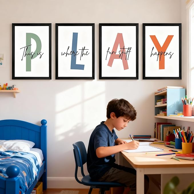 Cute Alphabet Play Framed Wall Art Set of 3, Natural Educational Alphabet Wooden Sign for Baby Girl Kid Boy Toddlers, Black Boho Preschool English Letters Nursery Decor for Homeschool Playroom
