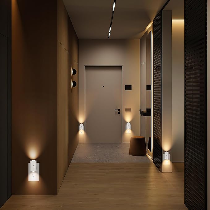 LED Night Lights Plug into Wall, Dimmable 4-Pack with Dusk to Dawn Sensor, 2700K Warm White, 0-200LM Adjustable & Rotatable Night Light for Bedroom, Hallway, Kitchen, Bathroom