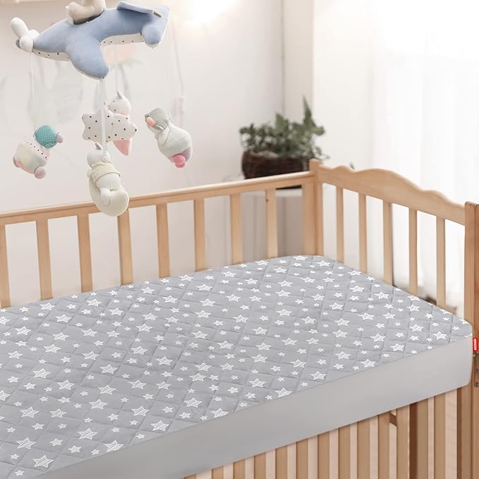 Crib Mattress Protector Waterproof, Quilted Crib Mattress Pad Cover 52" x 28", Extra Soft Breathable Toddler Bed Cover Stretch Up to 8", Grey Star