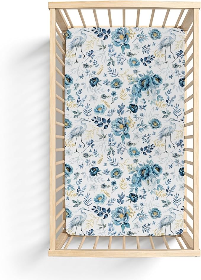 Watercolor Cranes Flowers Baby Crib Sheets for Boy Girl 52"x28" Crane Blue Gold Floral Leaves Soft Stretchy Fitted Crib Mattress Cover Wild Birds Baby Sheet for Standard Crib and Toddler Bed Mattress