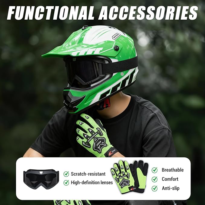 Youth Dirt Bike Helmet DOT Certified - Full Face Motorcycle Helmet for Off-Road, ATV, Street Riding, Includes Adjustable Goggles & Protective Gloves