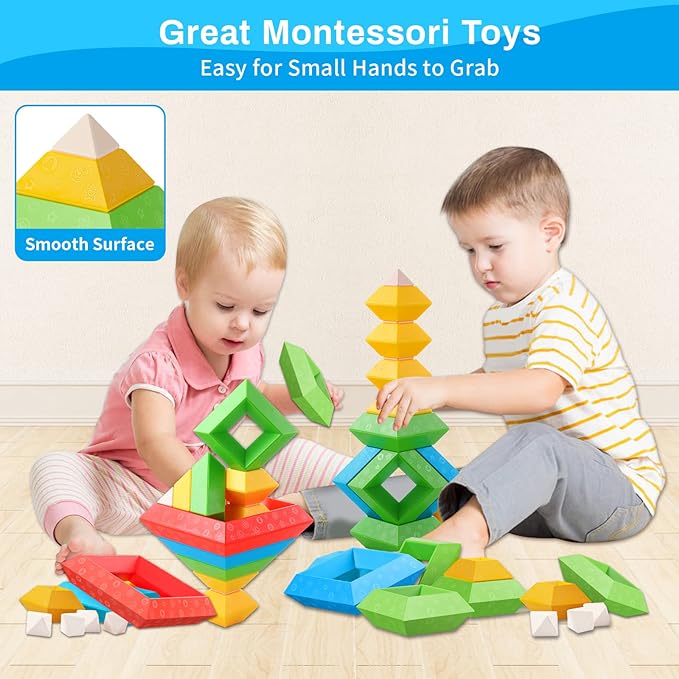 Montessori Toys for 1 2 3 4 Year Old Boys Girls Toddlers Preschool Learning Activities 30Pcs Building Blocks Stacking Educational Toys STEM Sensory Gifts for Kids Age 1-2 2-4