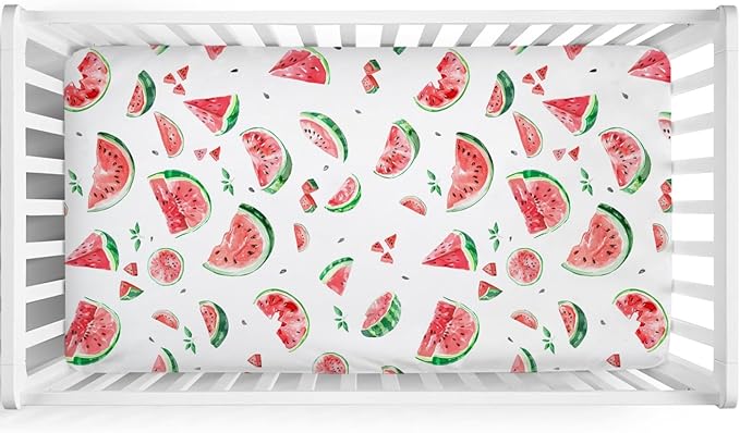 Watercolor Watermelon Baby Crib Sheet 52''x28'' Watermelon Leaves Stretchy Fitted Crib Mattress Cover for Boy Girl Tropical Summer Fruits Soft Nursery Bed Sheet for Standard Crib and Toddler Mattress