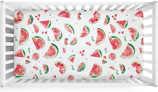 Watercolor Watermelon Baby Crib Sheet 52''x28'' Watermelon Leaves Stretchy Fitted Crib Mattress Cover for Boy Girl Tropical Summer Fruits Soft Nursery Bed Sheet for Standard Crib and Toddler Mattress