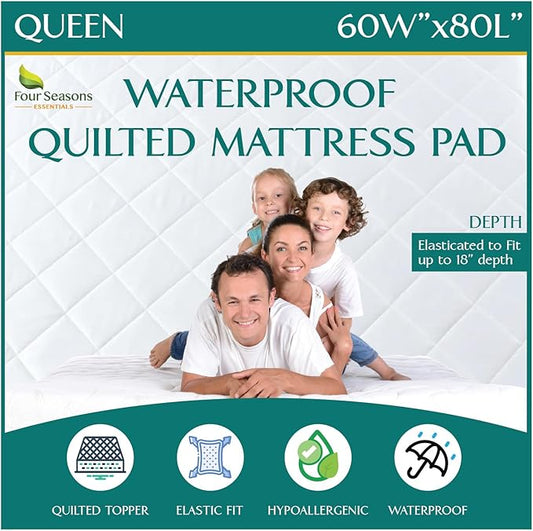 Queen Size Quilted Mattress Pad - Fitted Waterproof Mattress Protector, Pillow Top Mattress Topper, Premium Quality Hypoallergenic Mattress Cover