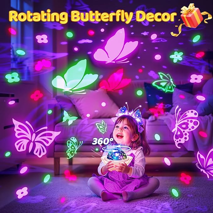 Onefire Christmas Gifts for Girls, 6 Films Light Projector Unicorn Toys for Girls Age 4-6, Rechargeable Night Lights for Bedroom, 360° Rotating Butterfly Decor Mermaid Gifts Princess Baby ToddlerToys