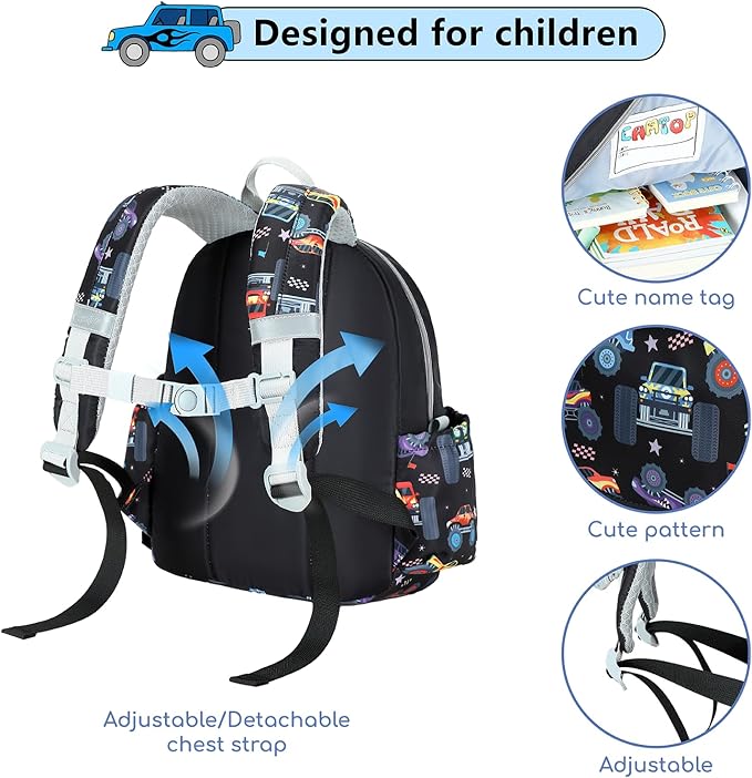 CAMTOP Toddler Backpack for Boys Girls 2-4, Kids Backpacks for Kindergarten Preschool, 12" H Small Bookbag for Daycare Travel (Black, 12''- Not fit A4 folder)