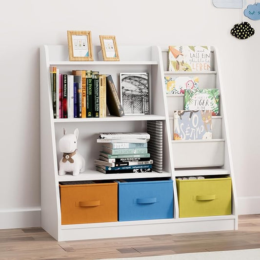 HedoAjim Kids Bookshelf Wood Montessori Toy Storage Organizer Cabinet Shelf Child Bookcase Toddler Baby Sling Book Rack 3 Cube Bin Fabric Drawers for Playroom Bedroom Nursery School
