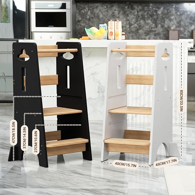 COSYLAND 3 Levels Adjustable Toddler Standing Tower - 33.5IN/85CM Stable Kids Kitchen Step Stool with Protective Crossbar - Wooden Toddler Kitchen Stool Helper(Black & Natural)