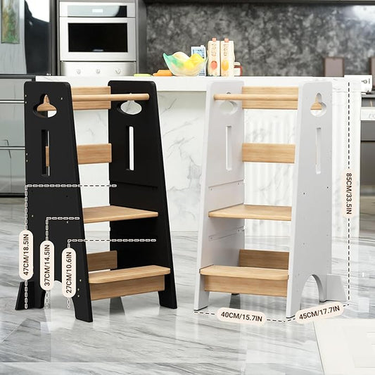 COSYLAND 3 Levels Adjustable Toddler Standing Tower - 33.5IN/85CM Stable Kids Kitchen Step Stool with Protective Crossbar - Wooden Toddler Kitchen Stool Helper(Black & Natural)