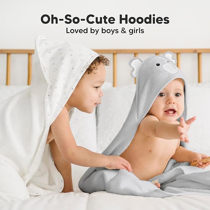KeaBabies Hooded Baby Towel for Newborn - Viscose Derived from Bamboo Large Baby Bath Towels with Hood for Boys, Girls, Toddler, Extra Absorbent & Soft Newborn Bath Essentials (Elephant, Regular)