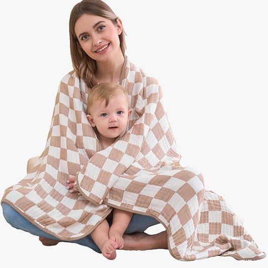 6-Layer Muslin Toddler Blanket - Made with Organic Cotton, Large 50x60 Crib Quilt & Bedding for Kids & Moms (Coffee Checkered)
