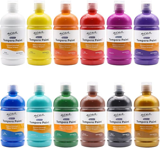Mont Marte Tempera Paint Set 12pc x 16.9 US fl.oz (500ml), 12 Bottles of Tempera Style Kids Paint, Washable for Kids Art and Craft, Non Toxic, Easy to Clean.