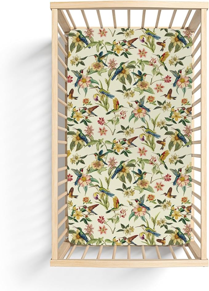 Vintage Hummingbirds Flowers Baby Crib Sheets for Boy Girl 28"x52" Spring Birds Colorful Floral Leaves Soft Snug Fitted Crib Mattress Cover Garden Baby Sheet for Standard Crib & Toddler Bed Mattress