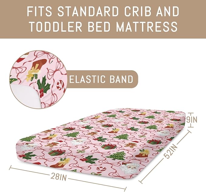Pink Santa Christmas Bows Baby Crib Sheets for Boy Girl Retro Christmas Trees Stockings Fir Gifts Soft Snug Fitted Crib Mattress Covers for 52x28 Standard Crib & Toddler Mattress Winter Baby Sheets