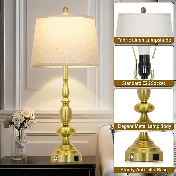 29" Modern Table Lamps Set of 2, Gold Touch Control 3-Way Dimmable Bedside Lamp with USB C+A Ports, Industrial Metal Farmhouse Nightstand Lamps for Living Room Bedroom End Tables(2 LED Bulbs Included)