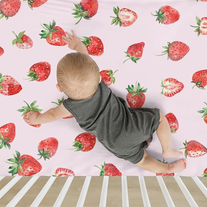 Red Strawberries Baby Crib Sheets for Boy Girl 52x28Inch Watercolor Strawberries Fruit Soft Snug Fitted Crib Mattress Cover Sweet Summer Pink Baby Sheet for Standard Crib and Toddler Bed Mattress