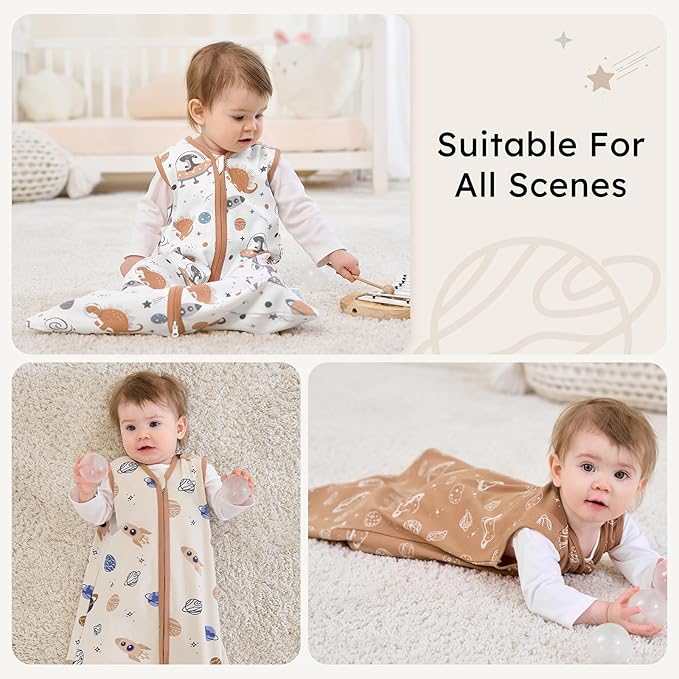 Baby Sleep Sack 6-12 months, 100% Cotton Sleeping Sack for Newborn and Infant, 3 Pack Baby Wearable Blanket for Boy and Girl, 0.5 Tog Lightweight Double Zipper Sleep Bag Coffee Dinosaur Planet