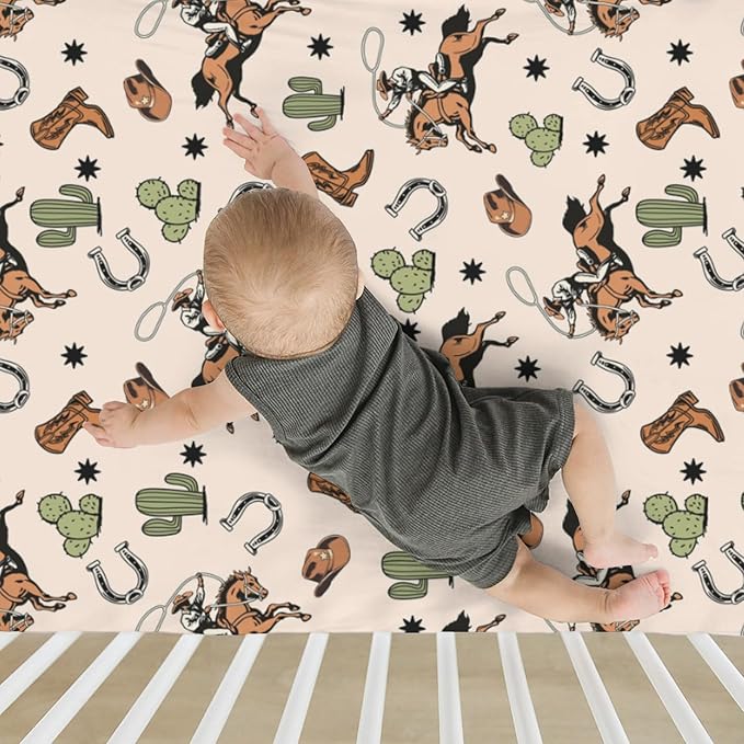 Country Western Baby Crib Sheets for Boy Girl 52x28Inch Cowboy Hat Boots Horse Cactus Soft Snug Fitted Crib Mattress Covers Wild West Desert Baby Sheet for Standard Crib & Toddler Bed Mattresses