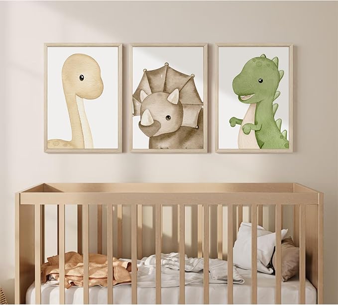 Dinosaur Wall Art Kids Boys Room Canvas Wall Decor Dino Nursery Wall Art Pictures Baby Dinosaur Poster Prints for Boys Bedroom Bathroom 16x24 Inch Wood Framed Set of 3