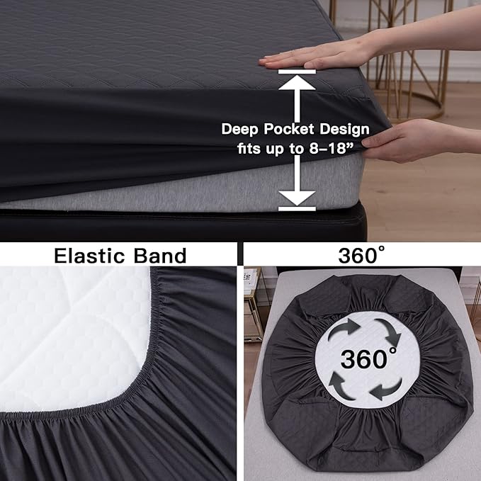 Mecerock Twin Mattress Protector, Quilted Fitted Mattress Cover with Deep Pocket, Washable Waterproof Twin Size, Dark Grey