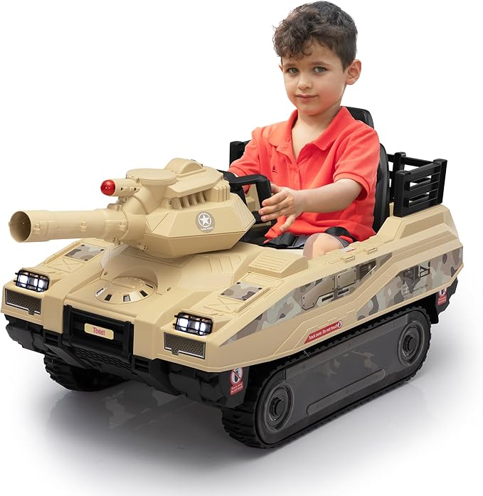 TOBBI 24V Electric Kids Ride on Tank Car with Remote Control for Toddlers, 360°Spin Off-Road Fighting Military Vehicle with Missiles, Battery Powered Toy for Boy&Girl to Drive Age 4-8