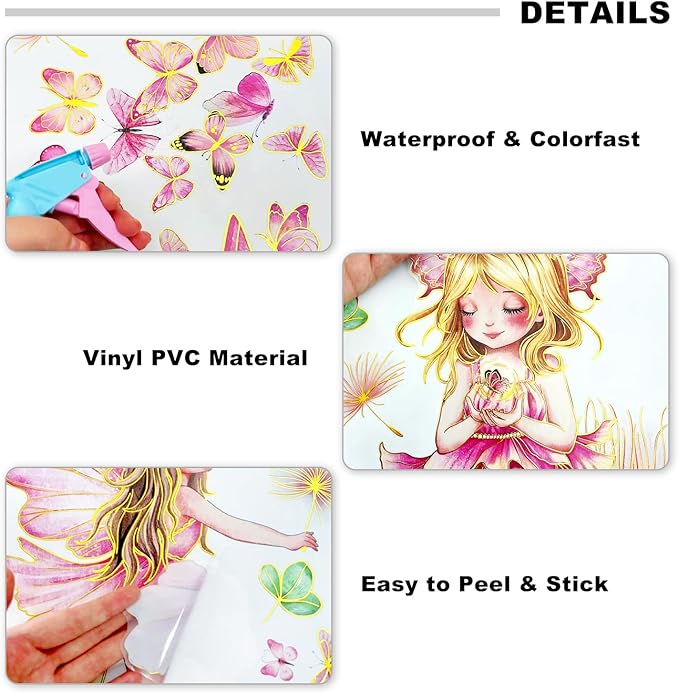 Pink Fairy Flower Wall Decal Large Dandelion Butterflies Wall Decor Peel and Stick Cartoon Style Stickers for Girls Bedroom Baby Nursery Kids Room