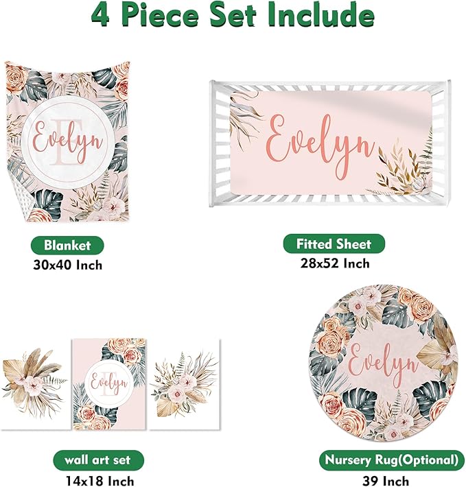 Personalized Baby Crib Bedding Set: 4 Piece Custom Bohemian Flowers Crib Bed Set with Name, Nursery Bedding Set for Baby Girls, Newborn Boys Crib Sets, Crib Bedding Custom Gift, Crib Sheet