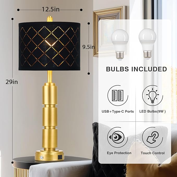 luxeflow Set of 2 Modern Table Lamps for Living Room Bedroom,29" Tall Bedside Lamp with 2 USB Port,Gold Metal Touch Nightstand Lamp with Black Grid Shade for End Table Entryway,Gold