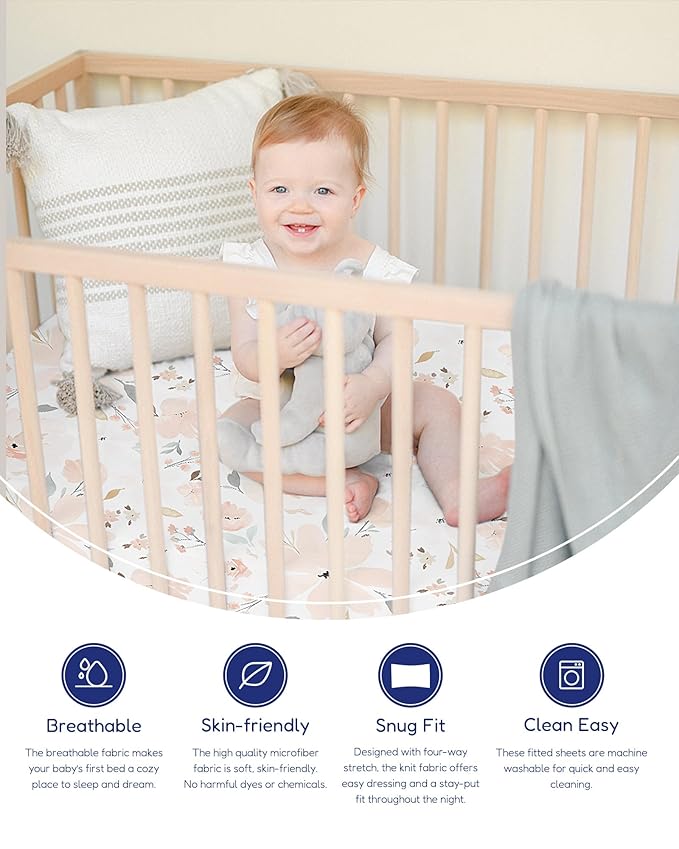 TotAha Floral Crib Sheets 2-Pack, Hypoallergenic, Silky Comfort, Buttery Soft, Calming Effect, All-Season Jersey-Knit Pink Flower Baby Sheets, Premium Stretchy 9'' Extra Deep Pocket