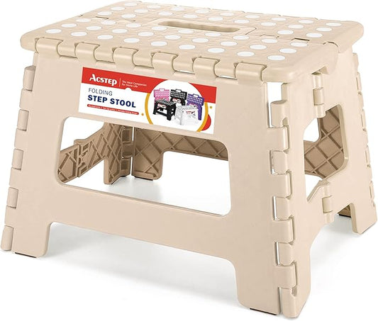 ACSTEP Folding Step Stool Lightweight Plastic Step Stool 9 Inch Foldable Step Stools Non Slip Folding Stools for Kitchen Bathroom Bedroom Khaki
