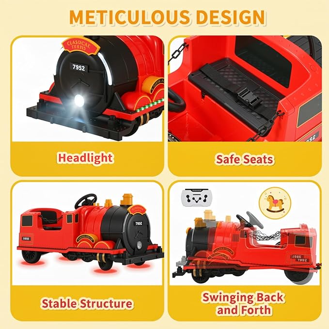 TLSUNNY Ride On Train Trackless, 12V Kids Battery Electric Train with 2-Seater，Detachable Carriage, Extra Storage, Colorful Lights & Music, Toddlers Car Toy for Boys & Girls Age 3+ (Red)