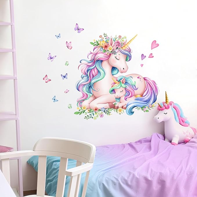 Watercolor Unicorn Wall Stickers, Sleeping Cute Unicorn Wall Decals Peel and Stick Wall Decal Self Adhesive Home Decor for Girls Nursery Kids Room