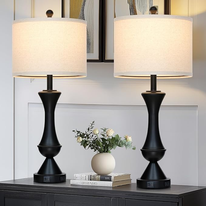 luxeflow 29" Black Tall Table Lamps for Living Room, Touch Control Bedroom Lamp with USB A+C Ports, 3-Way Dimmable Bedside Table Lamps Set of 2, Modern Metal Lamp for Nightstand