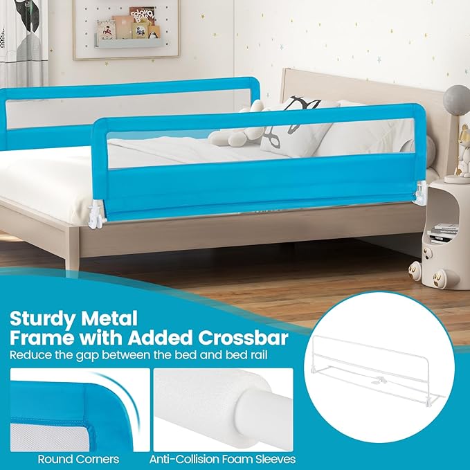 HONEY JOY Bed Rail for Toddlers, 71-in Extra Long, Portable Safety Bed Guardrail w/Double Safety Child Lock, Foldable Baby Bed Rail Guard, Fit King & Queen Full Twin Size Bed Mattress(Blue, Pack 2)