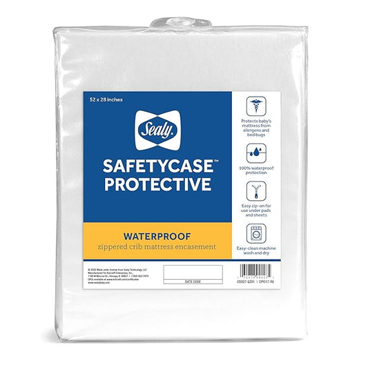 Sealy Baby SafetyCase Breathable Waterproof Crib Mattress Protector Pad, Toddler Bed Cover, Zippered Bedding Encasement, Noiseless, Machine Washable / Dryer Friendly, 52x28” - White