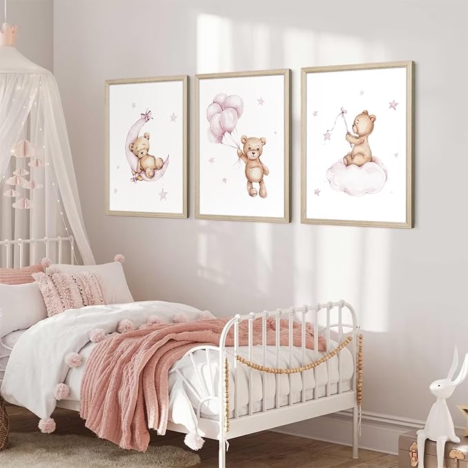 Bear Nursery Wall Art Decor Teddy Bear Wall Art Baby Girl Canvas Wall Decor Pink Pictures Balloon Nursery Children Prints Artwork Moon Star Cloud Art for Boys Room Bedroom 16x24x3 Inch Wood Framed