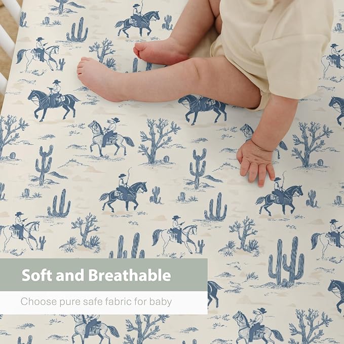 Vintage Western Cowboy Baby Crib Sheets, Standard Size (28x52 inches), Polyester, Brown, Beige, Tan, Cartoon Pattern, 9 Inch Deep Pocket, 300 Thread Count, Machine Washable