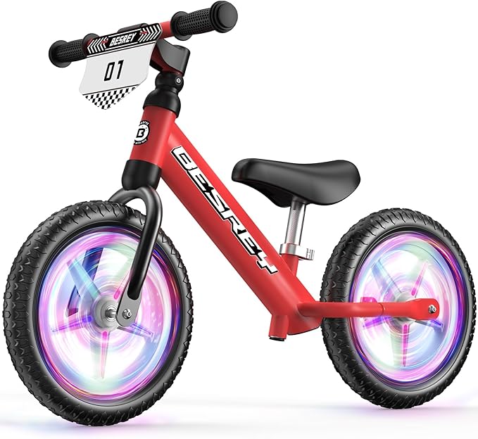 besrey Toddler Balance Bike 2 Year Old: All-Metal Frame + 12" Light-Up Wheels + Personalize Plate & 4 Sets of Stickers, Kids Gift Bike with Adjustable Seat for Boys Girls Age 2 3 4 5