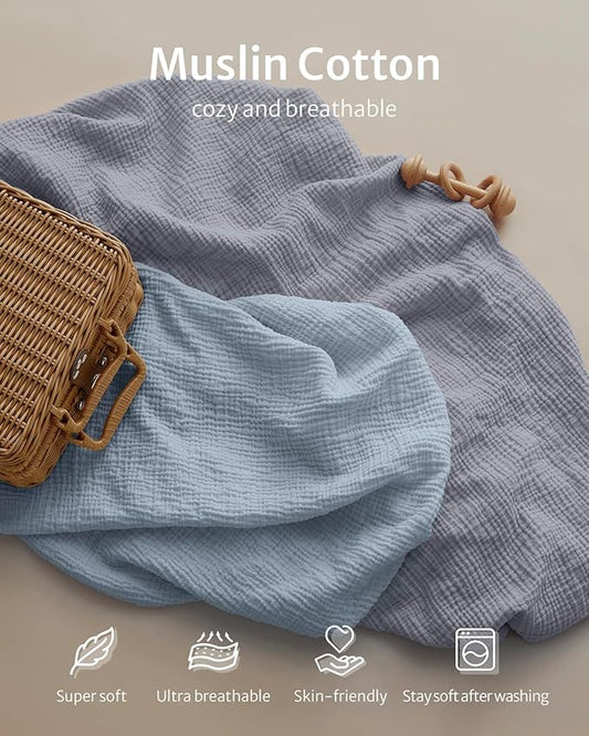 Blissful Diary Muslin Bassinet Sheets for Baby Girls Boys, Boho Soft Cotton Fitted for Oval Hourglass Rectangle Mattress, 2 Pack(Light Blue&Grey)