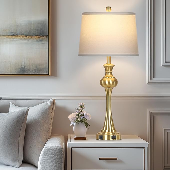 Cinyirong 28.75" Gold Table Lamps for Living Room,Touch Lamps for Bedrooms Set of 2 - Nightstand Table Lamp with USB C+A, 3 Way Dimmable Bedside Lamps End Tables, Antique Brass