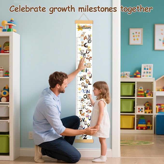 Personalized Name Baby Height Growth Chart Wall, Alphabet and Animal Canvas Growth Chart for Wall Removable, Waterproof Growth Ruler for Wall Toddler Wall Decor