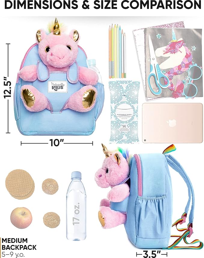 Naturally KIDS 【Upgraded】 Medium Backpack w Removable Pink Unicorn Toy for Girls Age 4-7 | Side & Inner Pockets, Reflective Logo, Name Tag | Unicorn Gifts for 5 Year Old Girls – Medium size
