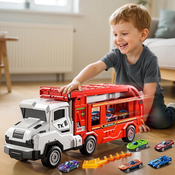 Toddler Car Truck Toys for 3 4 5 6 7 8 Years Old Boys, Transporter Truck Toy Track Set with 12 Die-Cast Car Toys, Toy Gifts for 3 4 5 6 Year Old Boys Kids