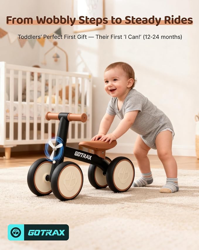 Gotrax Baby Balance Bike 1-2 Years, 7" Front&Rear Silent Wheels, Sturdy Steel Frame 66 lbs Load, Quick 2-Min Assembly, CPC Certified, Comfortable Soft Seat, Toddler Birthday Gift for Boys&Girls Black